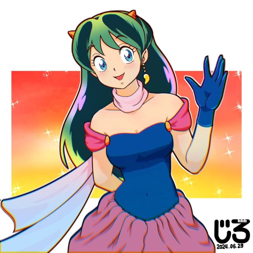 arm_behind_back artist_logo blue_dress blue_eyes blue_gloves breasts cleavage collarbone cone_horns dated dress earrings gloves gradient_background green_hair horns jewelry jirohhb long_hair looking_at_viewer lum off-shoulder_dress off_shoulder open_mouth orange_background pink_dress pointy_ears single_earring sraft standing two-tone_dress urusei_yatsura