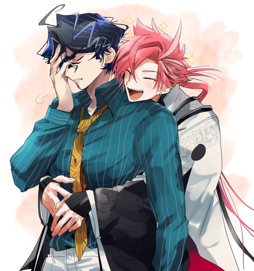 2boys :d ^_^ black_hair black_kimono blue_shirt blush closed_eyes collared_shirt commentary_request dragon_print earclip earrings eyebrow_cut fate/grand_order fate_(series) grey_hair hair_between_eyes hand_on_own_face hand_up highres hug hug_from_behind jacket japanese_clothes jewelry kimono long_hair long_sleeves low_ponytail male_focus multicolored_hair multiple_boys necktie open_mouth pants parted_bangs parted_lips pink_background pink_hair ponytail print_necktie puff_of_air red_hair shirt short_hair simple_background smile sparkle streaked_hair striped_clothes striped_shirt takasugi_shinsaku_(fate) teeth v-shaped_eyebrows vertical-striped_clothes vertical-striped_shirt very_long_hair white_background white_jacket white_pants wide_sleeves wing_collar yaoi yellow_necktie yoshida_shouin_(fate) yuu_(areruya)