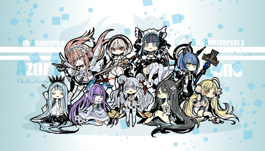 6+girls :3 ahoge anniversary azur_lane black_hair blonde_hair champagne_(azur_lane) cheshire_(azur_lane) chibi chibi_only double_bun dress eldridge_(azur_lane) frilled_hairband frills gascogne_(azur_lane) hair_bun hairband highres holding holding_staff holding_sword holding_weapon indomitable_(azur_lane) karasu_(chalk) le_malin_(azur_lane) long_hair looking_at_viewer maid maid_headdress multiple_girls perseus_(azur_lane) purple_hair short_dress sirius_(azur_lane) sitting sleepy staff sword tashkent_(azur_lane) twintails weapon white_dress white_wings wings