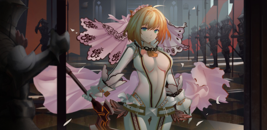 10s 1girl 6+boys absurdres alternate_hairstyle armor belt blonde_hair breasts chain fate/extra fate/extra_ccc fate_(series) gluteal_fold green_eyes highres indoors lock mag_(huangmag) md5_mismatch multiple_boys navel nero_claudius_(bride)_(fate) nero_claudius_(fate) nero_claudius_(fate)_(all) padlock petals polearm short_hair skin_tight smile solo_focus standing sword veil walking weapon wind wrist_cuffs