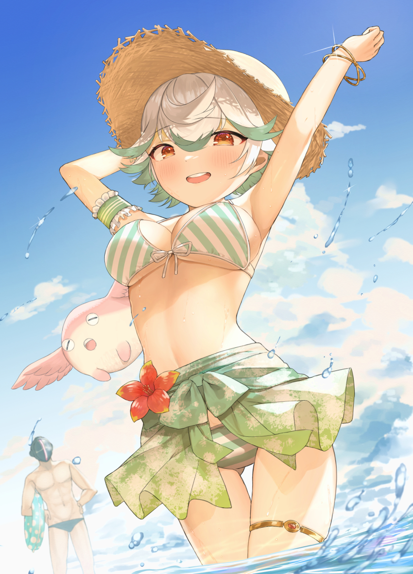 1boy 1girl alternate_breast_size arm_garter arms_up bikini blush bondrewd bracelet breasts creature feathered_wings flower gluteal_fold green_bikini green_hair green_sarong hair_between_eyes hat head_wings helmet highres innertube jewelry looking_at_viewer made_in_abyss meinya_(made_in_abyss) multicolored_hair ocean open_mouth oppai_loli orange_eyes prushka red_flower sarong short_hair sky splashing standing stomach straw_hat striped_bikini striped_clothes swim_ring swimsuit takumi11 thighlet thighs two-tone_hair underboob wading wet white_bikini white_hair wings