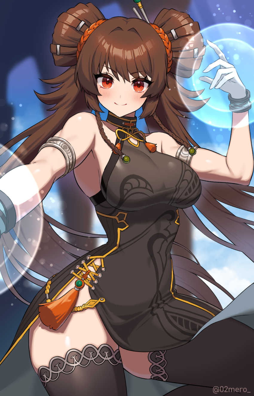 1girl armlet black_dress bracelet brown_hair china_dress chinese_clothes covered_navel dnf_duel double_bun dress dungeon_and_fighter fighter_(dungeon_and_fighter) hair_bun highres jewelry looking_at_viewer nen_master_(dungeon_and_fighter) orange_eyes solo usamero