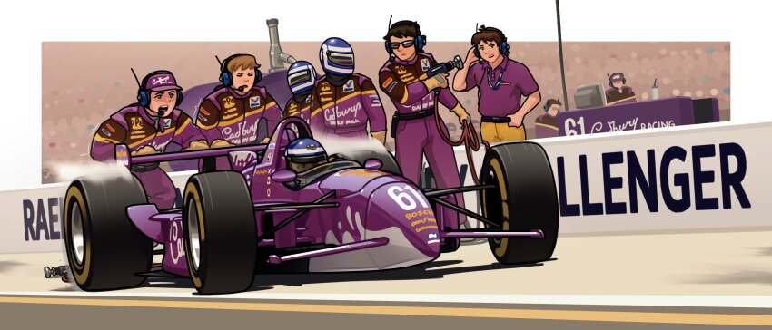 1girl 6+boys absurdres arhentol baseball_cap belt black_belt blue_eyes blue_helmet brown_eyes brown_hair cable cadbury car closed_eyes collared_shirt formula_racer hat headset helmet highres holding indianapolis_motor_speedway indycar_series jumpsuit motor_vehicle multiple_boys open_mouth orange_pants original pants purple_jumpsuit purple_shirt race_vehicle racecar raelyn_cunningham_(arhentol) shirt spoiler_(automobile) sponsor valvoline vehicle_focus