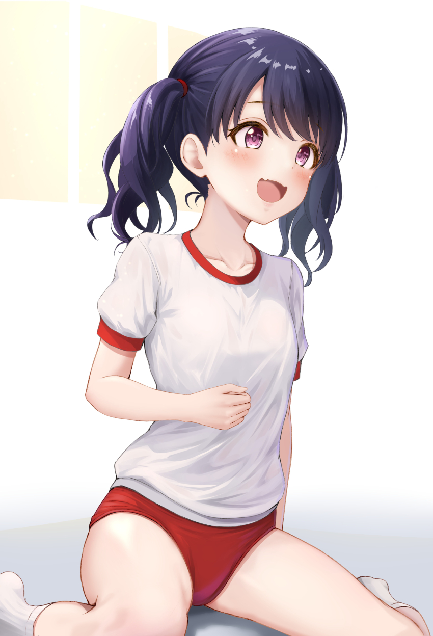 1girl absurdres bare_legs blush buruma ca_paria collarbone commentary_request fangs fukumaru_koito gym_shirt gym_uniform highres idolmaster idolmaster_shiny_colors long_hair looking_ahead no_shoes red_buruma shirt short_sleeves sitting skin_fangs smile socks solo twintails wariza white_socks