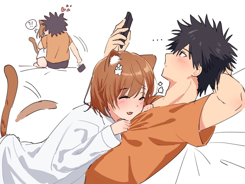 !? 1boy 1girl animal_ears black_hair brown_hair brown_shirt cat_ears cat_girl cat_tail commentary english_commentary fang hair_ornament hairpin harumi61 heart hetero highres holding holding_phone implied_kiss kamijou_touma kemonomimi_mode misaka_mikoto multiple_views phone shirt short_hair spiked_hair tail tail_wagging toaru_kagaku_no_railgun toaru_majutsu_no_index white_shirt