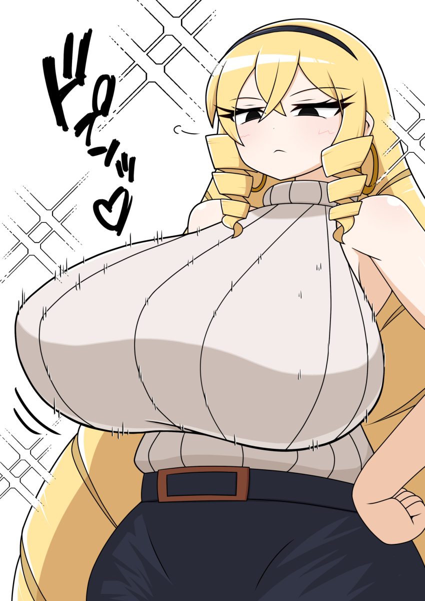 1girl :&lt; belt berun_(zakeruga1zakeru) black_eyes black_hairband black_skirt blonde_hair blush bouncing_breasts breasts closed_mouth drill_hair drill_sidelocks earrings hairband hands_on_own_hips highres hoop_earrings huge_breasts jewelry kaneda_maria long_hair mount_celebrity_kaneda-san pencil_skirt sidelocks simple_background skirt sleeveless sleeveless_sweater solo sparkling_aura standing sweater turtleneck turtleneck_sweater twin_drills very_long_hair white_background