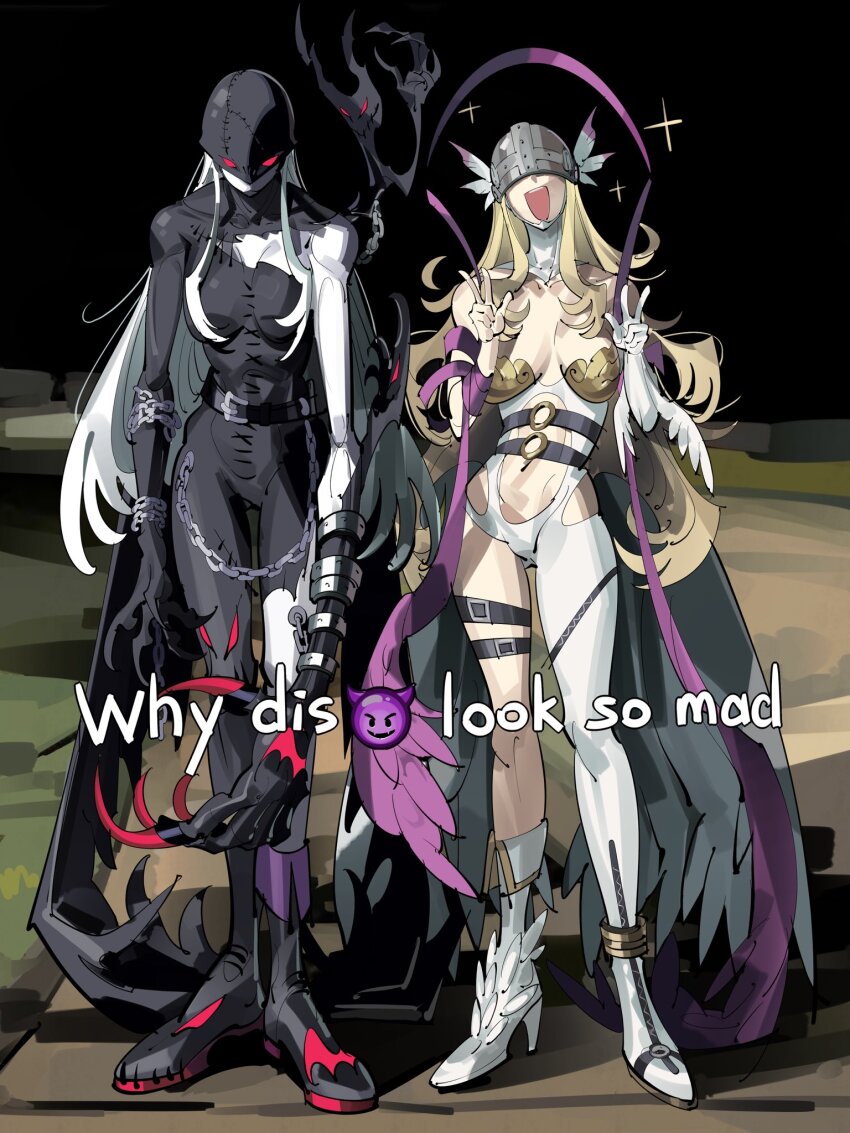 2girls angel_and_devil angel_wings angewomon asymmetrical_clothes bodysuit catsuit colored_skin covered_eyes crying_emoji digimon emoji grey_skin helmet helmet_over_eyes highres ladydevimon meme multiple_girls multiple_wings sidewalk skull_print torn_bodysuit torn_clothes torn_wings why_dis_ninja_look_so_mad_(meme) winged_gloves winged_helmet wings wrist_wings zocehuy