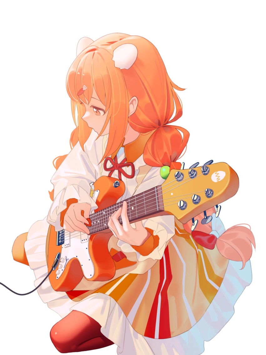 1girl arisaki_(cnxy7525) braid brown_pantyhose commentary_request egg_hair_ornament electric_guitar food-themed_hair_ornament fork_hair_ornament frilled_skirt frilled_sleeves frills full_body guitar hair_ornament highres holding holding_guitar holding_instrument instrument kirara_tamako long_hair long_skirt long_sleeves multicolored_clothes multicolored_skirt neck_ribbon nijisanji orange_eyes orange_skirt pantyhose playing_guitar red_ribbon red_skirt ribbon seiza shirt sidelocks simple_background sitting skirt solo twin_braids very_long_hair virtual_youtuber white_background white_shirt