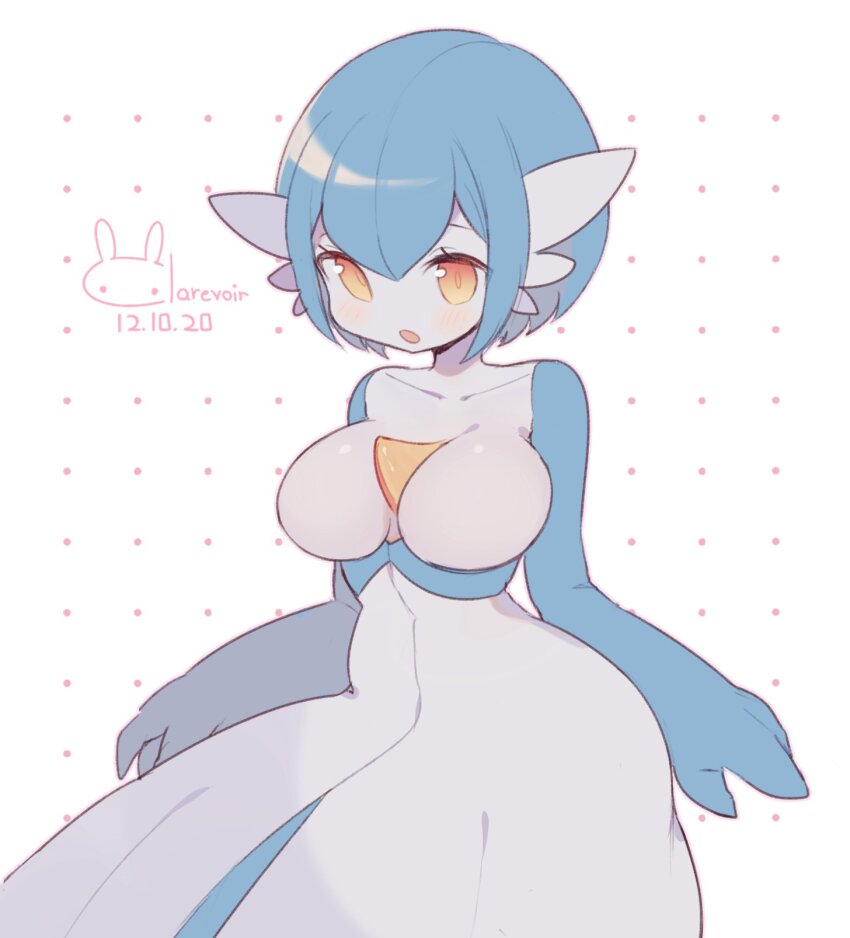 1girl aliceyawnin alternate_color artist_name blue_hair blue_skin blush breasts colored_skin commission creatures_(company) dated dress game_freak gardevoir gen_3_pokemon highres multicolored_skin nintendo open_mouth orange_eyes pokemon pokemon_(creature) shiny_pokemon signature two-tone_skin white_dress white_skin