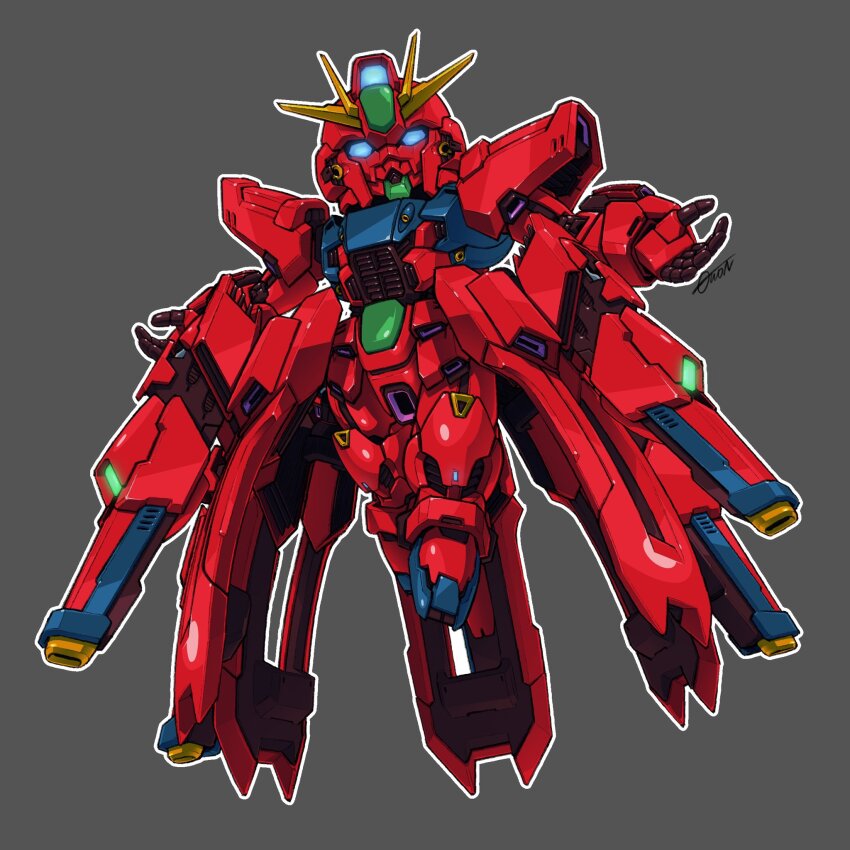 blue_eyes chibi commentary english_commentary f91_gundam full_body fusion grey_background gundam gundam_f91 highres looking_at_viewer mecha mobile_suit no_humans rafflesia_(gundam) robot science_fiction sd_gundam signature solo toilobo v-fin