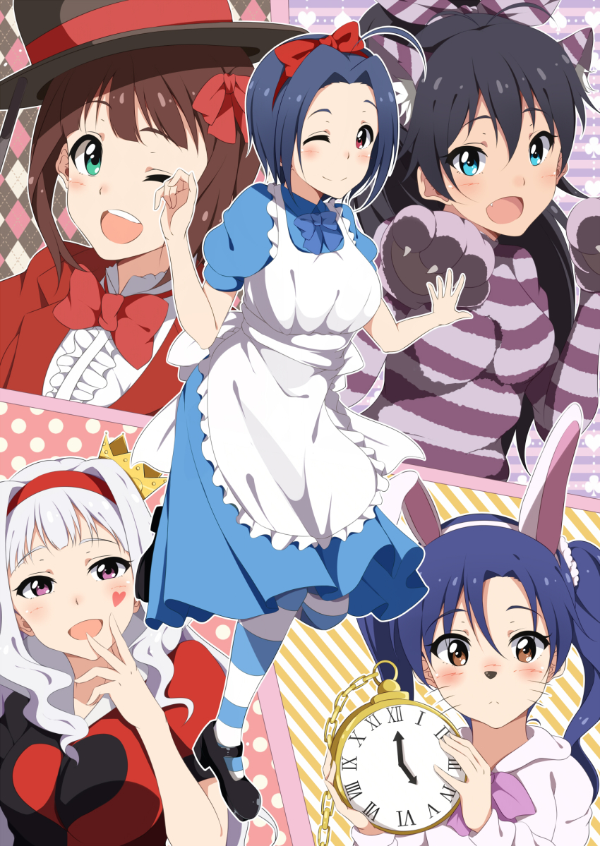 5girls :d ;) ;d ahoge alice_(alice_in_wonderland) alice_(alice_in_wonderland)_(cosplay) alice_in_wonderland amami_haruka argyle_background argyle_clothes black_hair blue_eyes blue_hair breasts brown_eyes brown_hair chain cheshire_cat_(alice_in_wonderland) cheshire_cat_(cosplay) clubs cosplay ganaha_hibiki green_eyes hair_ribbon hairband heart highres hitotsuki_nanoka idolmaster idolmaster_(classic) kisaragi_chihaya long_hair mad_hatter_(alice_in_wonderland) mad_hatter_(alice_in_wonderland)_(cosplay) mary_janes miura_azusa multiple_girls one_eye_closed open_mouth pantyhose parody pocket_watch polka_dot polka_dot_background ponytail queen_of_hearts_(alice_in_wonderland) queen_of_hearts_(cosplay) ribbon shijou_takane shoes short_hair silver_hair smile spade striped_background striped_clothes striped_legwear striped_pantyhose watch whiskers white_rabbit_(alice_in_wonderland) white_rabbit_(cosplay)