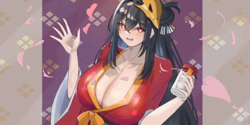 azur_lane black_hair blush bottle breasts cherry_blossoms cleavage hair_bun hair_ornament heart heart-shaped_pupils highres holding holding_bottle huge_breasts japanese_clothes kimono looking_at_viewer mask mask_on_head milk_bottle namazake red_eyes smile symbol-shaped_pupils taihou_(azur_lane) waving