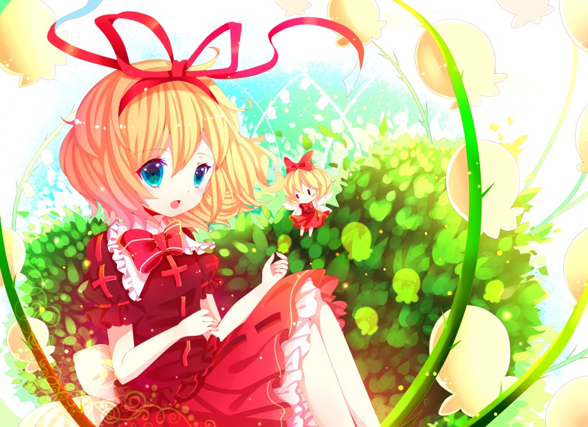 1girl blonde_hair blouse blue_eyes bow dress female_focus flower gradient_background hair_bow hair_ribbon highres knees_up leaf leaf_background lily_of_the_valley looking_at_viewer medicine_melancholy moseley puffy_short_sleeves puffy_sleeves ribbon shirt short_hair short_sleeves sitting skirt solo su-san touhou wings