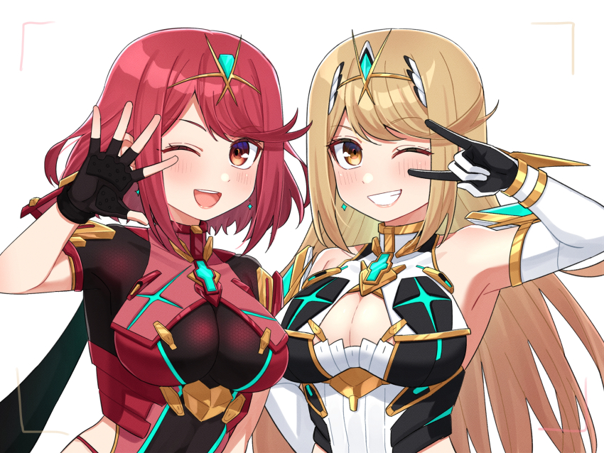 2girls armpits bare_shoulders black_gloves blonde_hair blush breasts chest_jewel cleavage cleavage_cutout clothing_cutout core_crystal_(xenoblade) fingerless_gloves gloves highres large_breasts long_hair multiple_girls mythra_(xenoblade) one_eye_closed open_mouth parted_lips pyra_(xenoblade) red_eyes red_hair shinae short_hair smile teeth tiara upper_body upper_teeth_only watermark xenoblade_chronicles_(series) xenoblade_chronicles_2 yellow_eyes