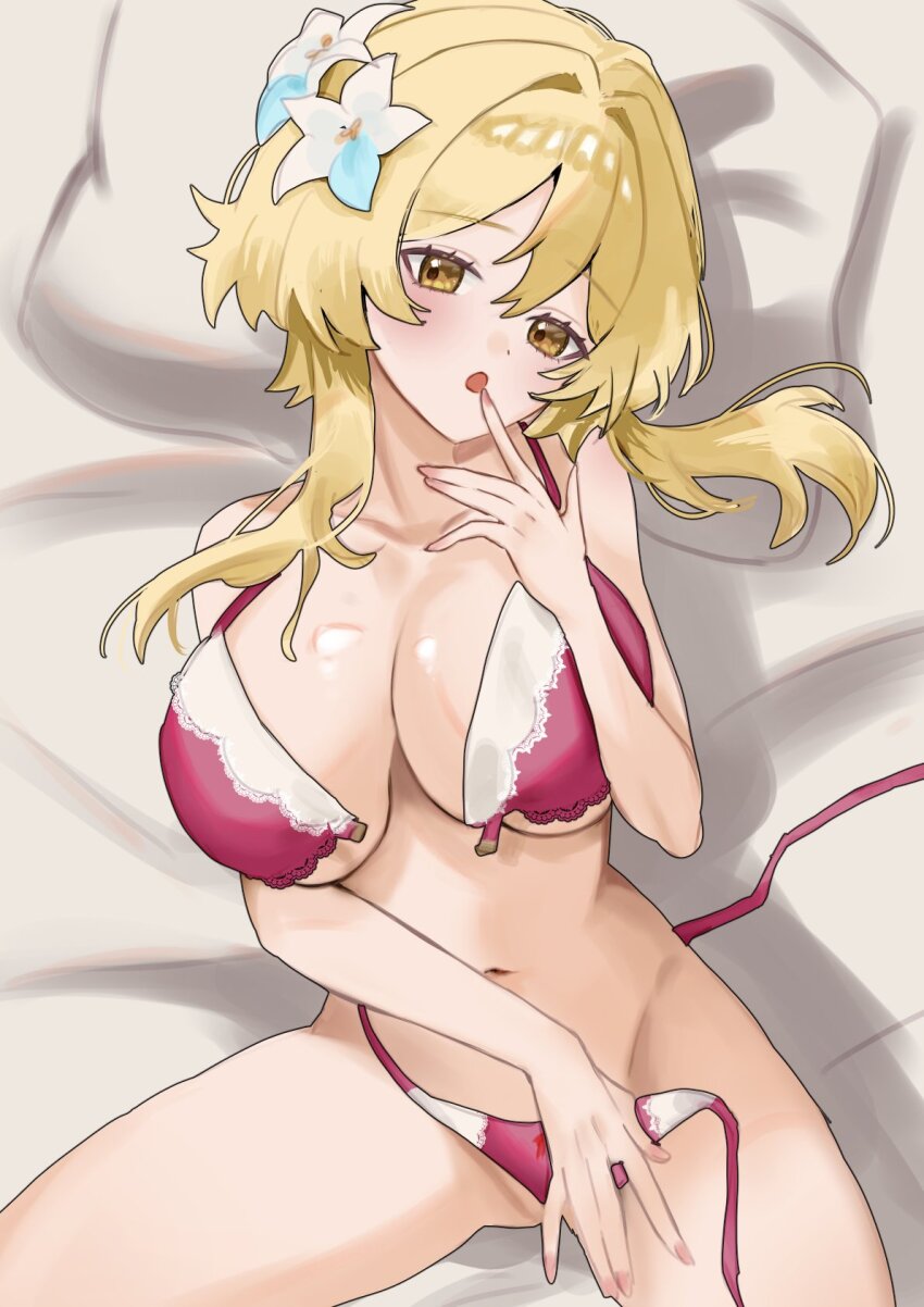 1girl blonde_hair blush bra breasts commentary_request cowboy_shot finger_to_mouth flower front-hook_bra genshin_impact hair_flower hair_ornament highres ikurumidwd lace lace-trimmed_bra lace_trim large_breasts lingerie looking_at_viewer lumine_(genshin_impact) lying navel on_back open_bra panties parted_lips red_bra red_panties short_hair_with_long_locks side-tie_panties solo underwear underwear_only untied_panties white_flower yellow_eyes