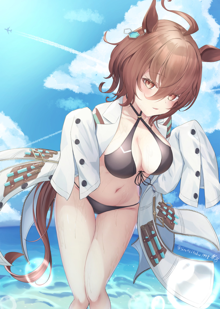 1girl absurdres agnes_tachyon_(umamusume) ahoge aircraft airplane animal_ears bikini black_bikini blue_sky blush breasts brown_eyes brown_hair cleavage cloud coat collarbone commentary_request contrail day earrings front-tie_bikini_top front-tie_top hair_between_eyes highres horse_ears horse_girl horse_tail jewelry lab_coat large_breasts leaning_forward long_sleeves midriff navel ocean open_clothes open_coat outdoors shirousagi_(sirousagi1998) short_hair single_earring sky sleeves_past_wrists solo sunlight swimsuit tail twitter_username umamusume wet white_coat