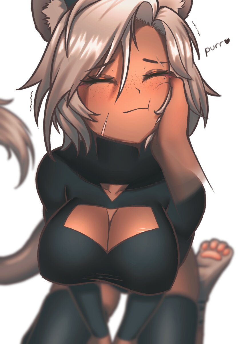 1girl absurdres animal_ears animal_hands blurry blurry_background breasts brown_hair cipher4109 cleavage_cutout closed_eyes clothing_cutout dark-skinned_female dark_skin highres kneeling large_breasts petting purring sansin_jin scar scar_on_face smile tail virtual_youtuber white_background white_hair