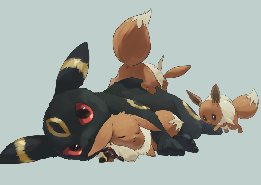 anus black_eyes black_fur body_fur brown_fur closed_eyes colored_sclera commentary_request creatures_(company) eevee evolutionary_line game_freak gen_1_pokemon gen_2_pokemon grey_background highres kanataeni lying nintendo no_humans on_side pokemon pokemon_(creature) pokemon_focus red_sclera sleeping two-tone_fur umbreon yellow_fur