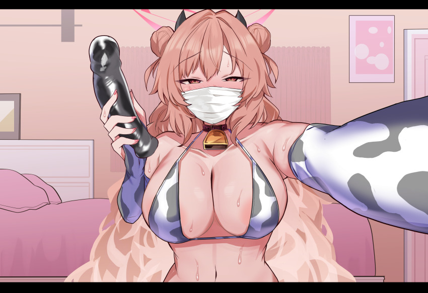 1girl animal_print areola_slip bell bikini blue_archive breasts cleavage collar cow_print cow_print_bikini cowbell demon_horns dildo double_bun elbow_gloves fingerless_gloves gloves hair_bun halo highres holding holding_sex_toy horns indoors kirara_(blue_archive) large_breasts mask momonosuke_(u-ma991028) mouth_mask neck_bell pink_hair print_bikini red_collar sex_toy solo surgical_mask sweat swimsuit textless_version waving