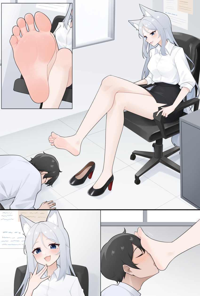 1boy 1girl absurdres animal_ears barefoot blue_eyes blush chair feet foot_on_another&#039;s_face grey_hair highres long_hair miniskirt office_chair office_lady open_mouth original shoes skirt soles swivel_chair toes unworn_shoes wl217_(nicexa111)