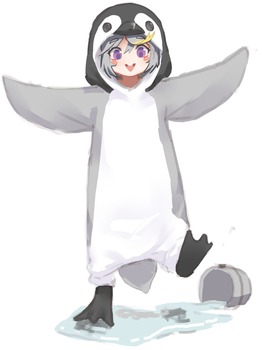 1girl :&gt; absurdres aged_down animal_costume bad_id bad_pixiv_id bird_costume blonde_hair blush_stickers bodysuit bucket bucket_of_water cosplay empress_(last_origin) flat_chest greentree grey_hair hair_between_eyes highres kigurumi last_origin looking_at_viewer multicolored_hair penguin_costume purple_eyes simple_background smile solo spill streaked_hair triangle_mouth water white_background