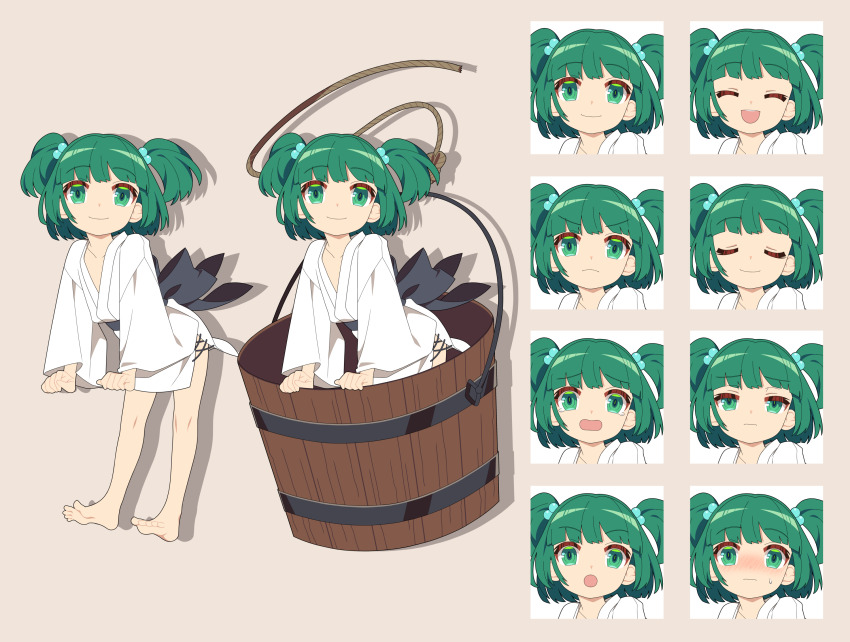 1girl 4rion :d :o bare_legs barefoot black_sash blush bucket closed_mouth commentary_request embarrassed expressions full_body green_eyes green_hair hair_bobbles hair_ornament happy highres in_bucket in_container japanese_clothes kimono kisume nose_blush open_mouth sash simple_background smile smug soles standing tachi-e toes touhou two_side_up v-shaped_eyebrows white_kimono wooden_bucket worried