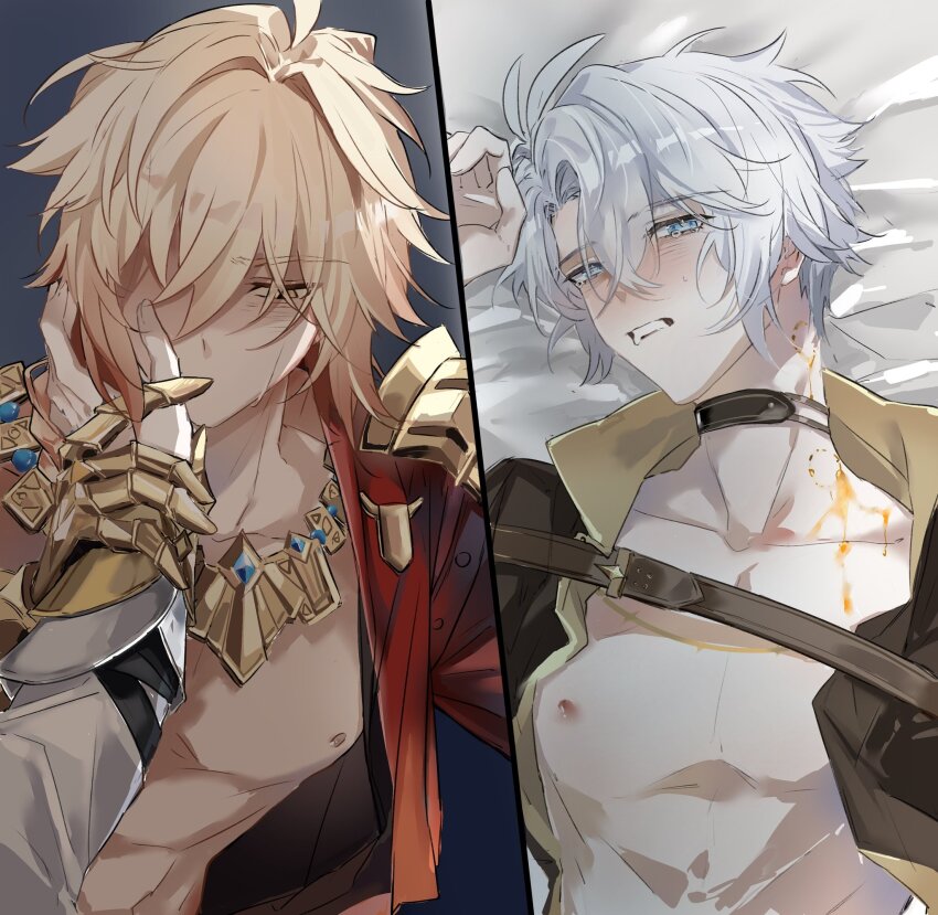 2357439177z 2boys abs armor armored_gloves belt_collar bite_mark bite_mark_on_neck blood blue_eyes blue_hair blush choker coat collar collared_shirt gold_necklace highres honkai:_star_rail honkai_(series) injury jewelry multiple_boys mydei_(honkai:_star_rail) necklace open_clothes open_coat orange_eyes orange_hair pauldrons phainon_(honkai:_star_rail) shirt shoulder_armor single_pauldron sweat tears toned toned_male topless_male yaoi