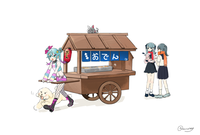 3girls aqua_hair black_boots black_shoes black_skirt bow_(weapon) cat chopsticks cinderella_(vocaloid) closed_mouth collared_shirt crop_top deco_miku detached_sleeves dog eating fishnet_pantyhose fishnets food_stand grey_hair hair_rings hatsune_miku highres holding holding_bow_(weapon) holding_chopsticks holding_weapon lantern long_sleeves midriff multiple_girls multiple_persona neenya_(deco27) omutatsu open_mouth pantyhose paper_lantern pink_shirt pink_shorts scarf shirt shorts simple_background skirt sleeveless sleeveless_shirt smile socks standing twintails twitter_username vampire_(vocaloid) vocaloid walking weapon white_background white_shirt yatai