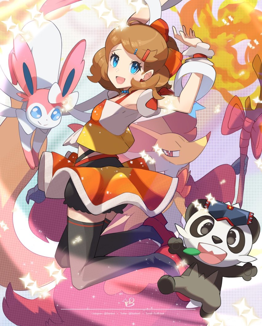 1girl animal_ear_fluff blonde_hair blue_eyes creatures_(company) delphox fire game_freak gen_6_pokemon hair_ornament highres jewelry looking_at_viewer necklace nintendo open_mouth pancham pokemon pokemon_(anime) pokemon_(creature) pokemon_journeys pokemon_swsh105 ribbon serena_(pokemon) shirt short_hair skirt smile startboii sunglasses sylveon thighhighs