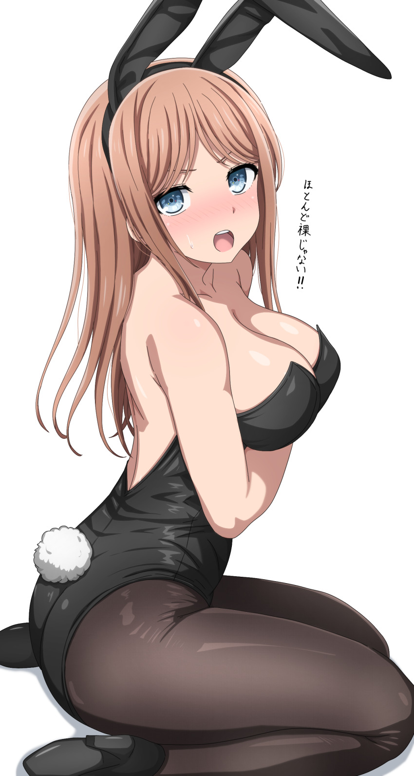 1girl absurdres animal_ears arm_under_breasts armpit_crease bang_dream! bang_dream!_it&#039;s_mygo!!!!! bare_arms bare_shoulders black_footwear black_hairband black_leotard blue_eyes blush breasts brown_hair brown_pantyhose collarbone commentary_request fake_animal_ears fake_tail feet_out_of_frame from_side hairband high_heels highres large_breasts leotard long_hair looking_at_viewer looking_to_the_side nagasaki_soyo nose_blush noshimurin open_mouth paid_reward_available pantyhose parted_bangs playboy_bunny pumps rabbit_ears rabbit_tail shoe_soles sidelocks simple_background sitting solo strapless strapless_leotard sweatdrop tail teeth translation_request upper_teeth_only v-shaped_eyebrows wariza white_background