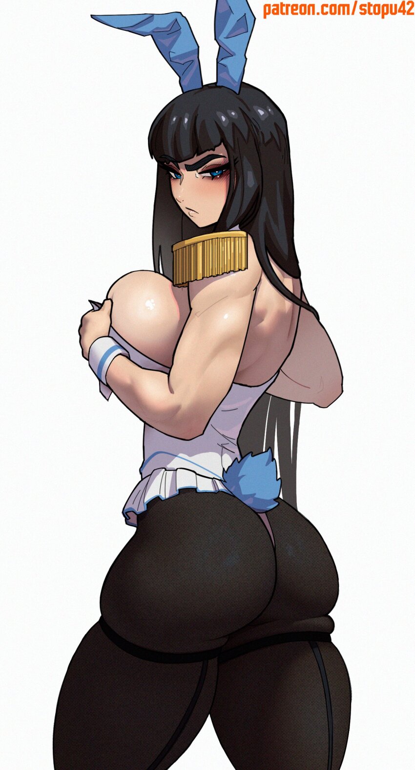 1girl :/ absurdres animal_ears artist_name ass backless_leotard black_hair black_pantyhose blue_eyes breasts bright_pupils closed_mouth commentary cowboy_shot epaulettes fake_animal_ears fake_tail frilled_leotard frills highres kill_la_kill kiryuuin_satsuki large_breasts leotard light_blush long_hair looking_at_viewer pantyhose patreon_username playboy_bunny rabbit_ears rabbit_tail simple_background skindentation solo standing stopu strapless strapless_leotard symbol-only_commentary tail thick_eyebrows thick_thighs thigh_strap thighs thong_leotard turning_head v-shaped_eyebrows very_long_hair watermark web_address white_background white_leotard white_pupils white_wrist_cuffs wrist_cuffs