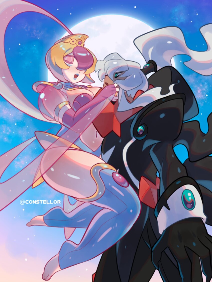 1boy 1girl breasts constellor creatures_(company) cresselia darkrai floating game_freak gen_4_pokemon highres legendary_pokemon moon mythical_pokemon nintendo personification pink_hair pokemon sky white_hair