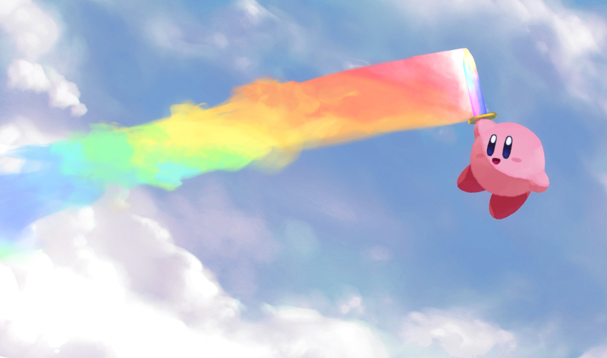 blue_eyes blue_sky blush_stickers cloud colored_skin commentary_request day flying highres holding holding_sword holding_weapon kirby kirby&#039;s_dream_land_2 kirby_(series) looking_ahead nintendo no_humans open_mouth outdoors pink_skin rainbow rainbow_sword_(kirby) red_footwear shoes sky smile solo suyasuyabi sword weapon