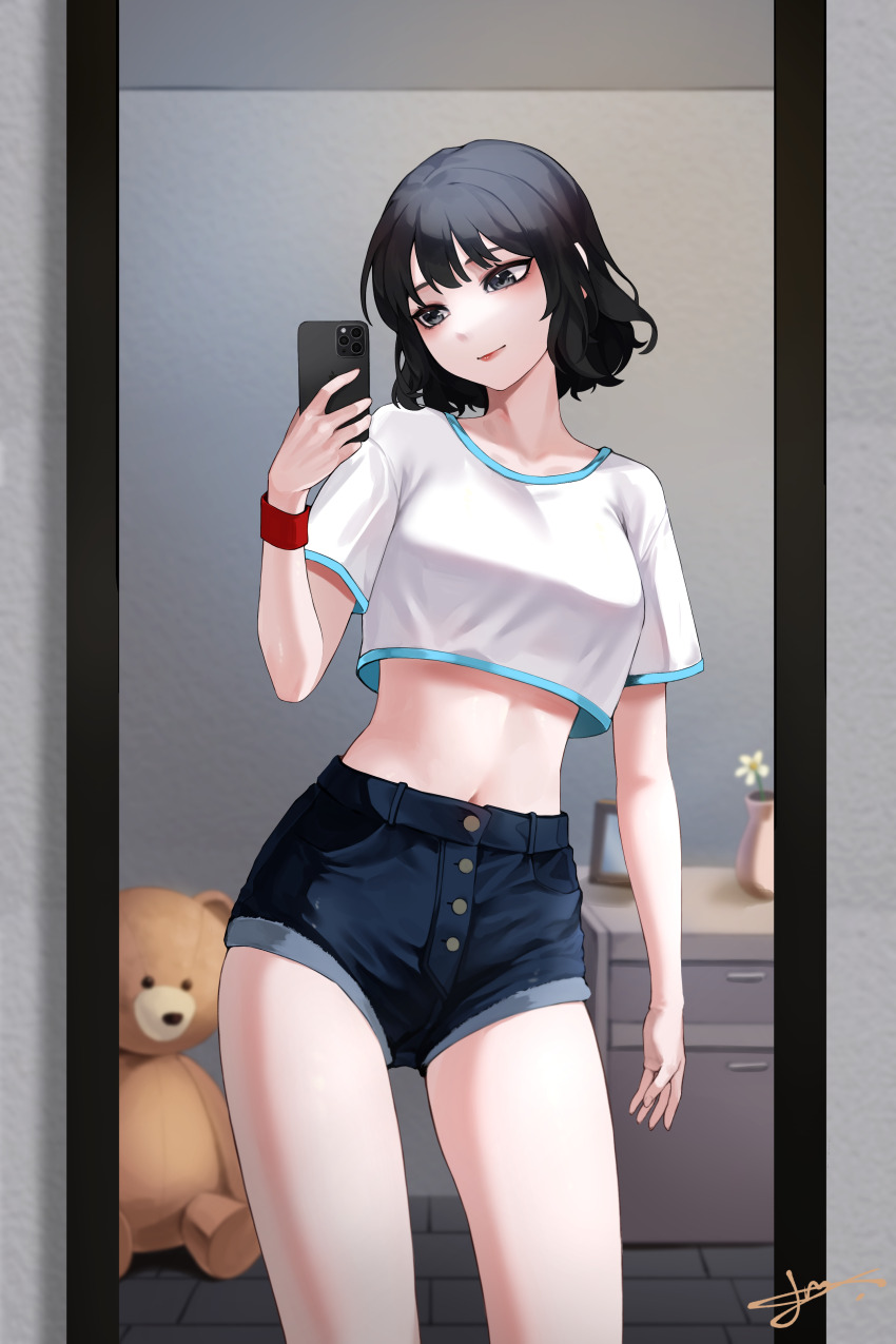 1girl absurdres alternate_hair_length alternate_hairstyle artist_request black_eyes black_hair blue_shorts breasts cabinet closed_mouth cropped_shirt highres holding holding_phone indoors legs midriff mirror no_eyewear original phone reflection reflection_focus second-party_source shirt short_hair short_sleeves shorts smile solo standing stuffed_animal stuffed_toy t-shirt teddy_bear twintailed_girl_(woo_ing) white_shirt