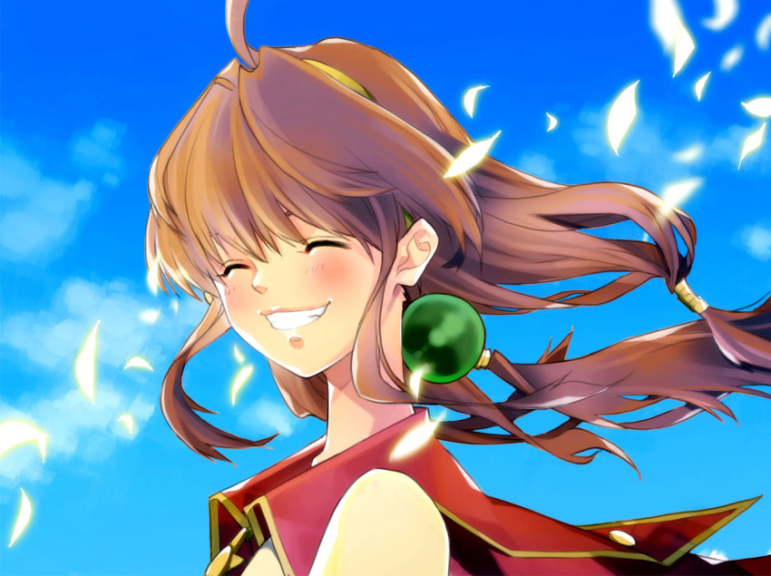 1girl ahoge blue_background brown_hair closed_eyes day female_focus grin hairband kimijima0301 kimijima_(kimijima0301) lilka_eleniak long_hair low-tied_long_hair portrait smile solo wild_arms wild_arms_2 yellow_hairband