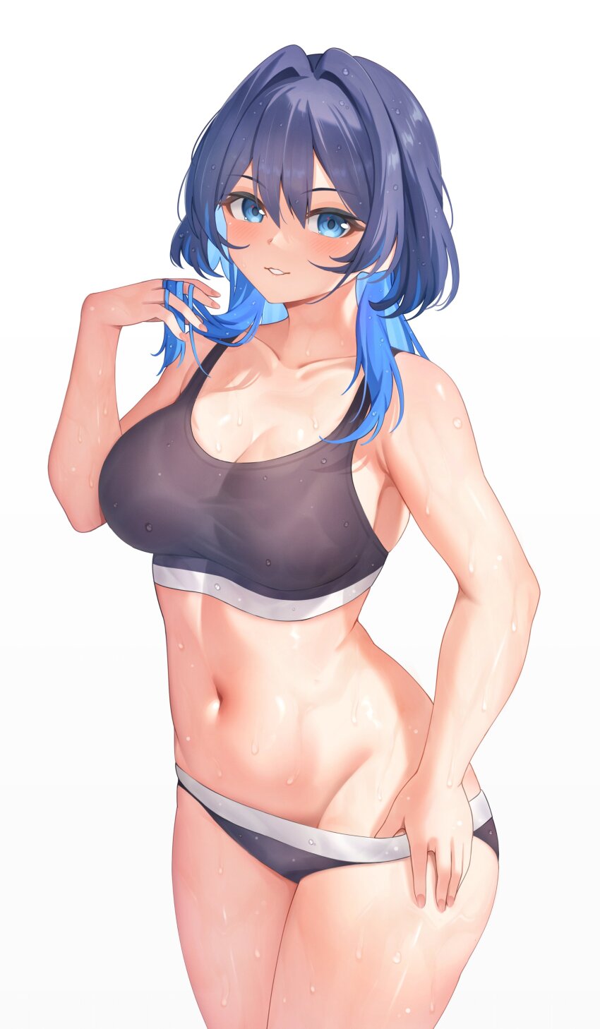 1girl absurdres aoi_zerii black_panties black_sports_bra blue_eyes blue_hair breasts cleavage colored_inner_hair commentary double-parted_bangs groin hair_between_eyes hair_intakes hand_in_own_hair hand_up highres hololive hololive_english large_breasts linea_alba long_hair looking_at_viewer medium_hair multicolored_hair navel official_alternate_hairstyle ouro_kronii paid_reward_available panties parted_lips simple_background solo sports_bra standing stomach symbol-only_commentary two-tone_hair underwear virtual_youtuber wet white_background wolf_cut