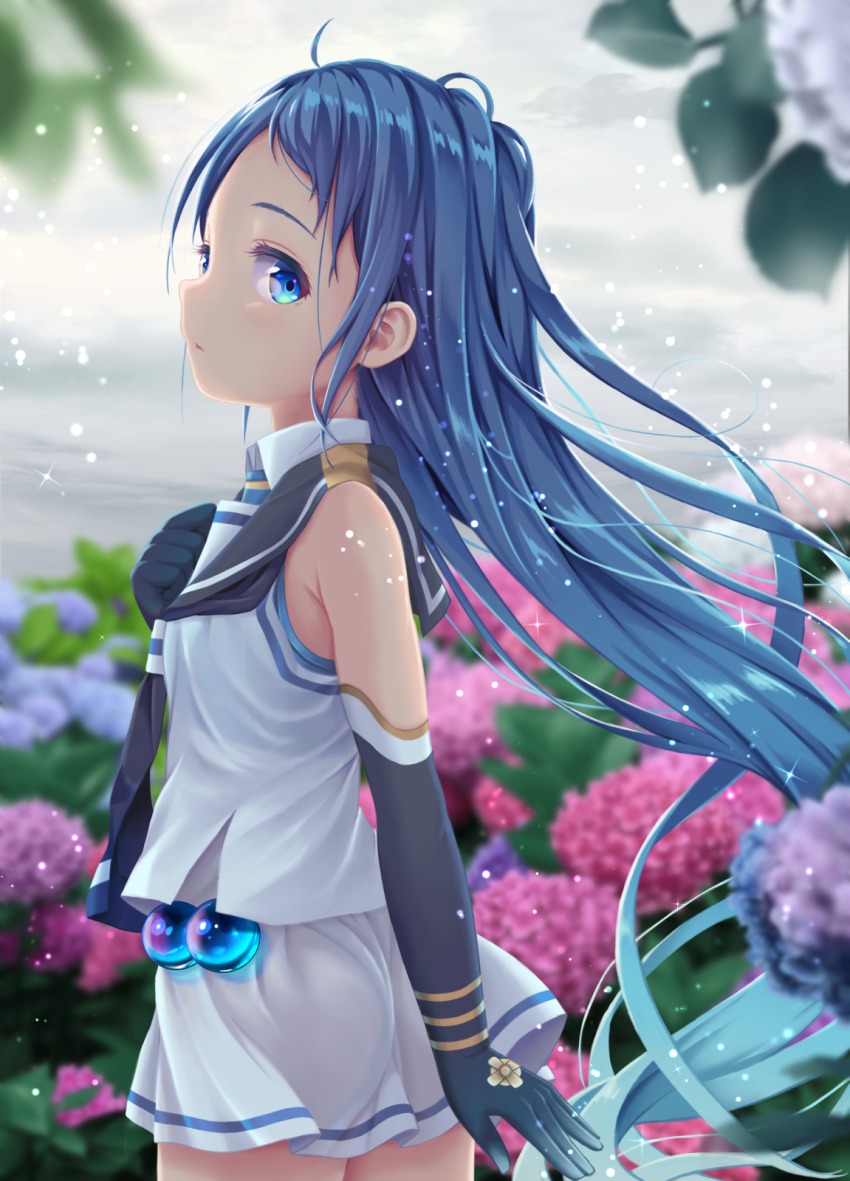 10s 1girl bare_shoulders black_gloves black_neckerchief blue_eyes blue_hair cowboy_shot day elbow_gloves eyebrows female_focus flower from_side gloves gradient_hair hane_yoshiyumi highres hydrangea kantai_collection long_hair looking_at_viewer looking_to_the_side matching_hair/eyes multicolored_hair neckerchief outdoors samidare_(kancolle) school_uniform serafuku shirt sleeveless sleeveless_shirt solo swept_bangs very_long_hair