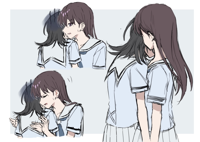 2girls absurdres bang_dream! bang_dream!_it&#039;s_mygo!!!!! black_hair blue_shirt brown_hair chinese_commentary closed_eyes commentary_request gloom_(expression) hanasakigawa_school_uniform highres hug long_hair medium_hair mole mole_under_eye multiple_girls open_mouth pleated_skirt purple_eyes sailor_collar school_uniform shiina_taki shirt short_sleeves skirt sweatdrop trileo405 white_sailor_collar white_skirt yahata_umiri yuri