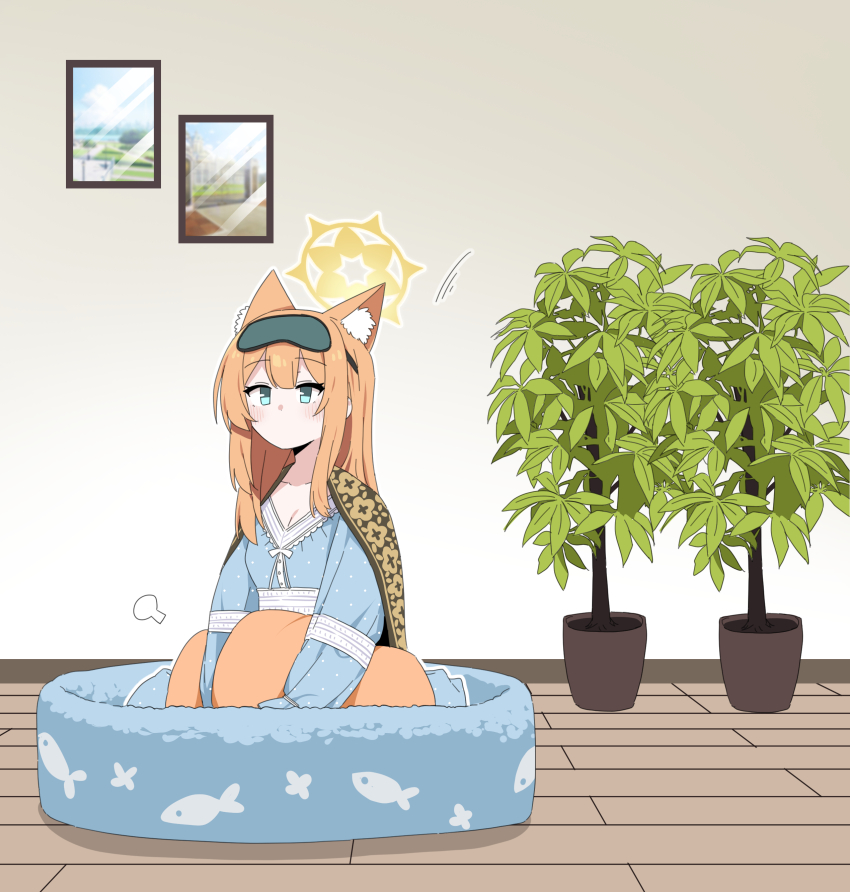 1girl absurdres animal_ears b.t._(boob_tong) blonde_hair blue_archive blue_eyes blush cat_ears cat_girl commentary highres holding holding_pillow long_hair mari_(blue_archive) pillow plant potted_plant sidelocks sitting sleep_mask sleepwear solo symbol-only_commentary