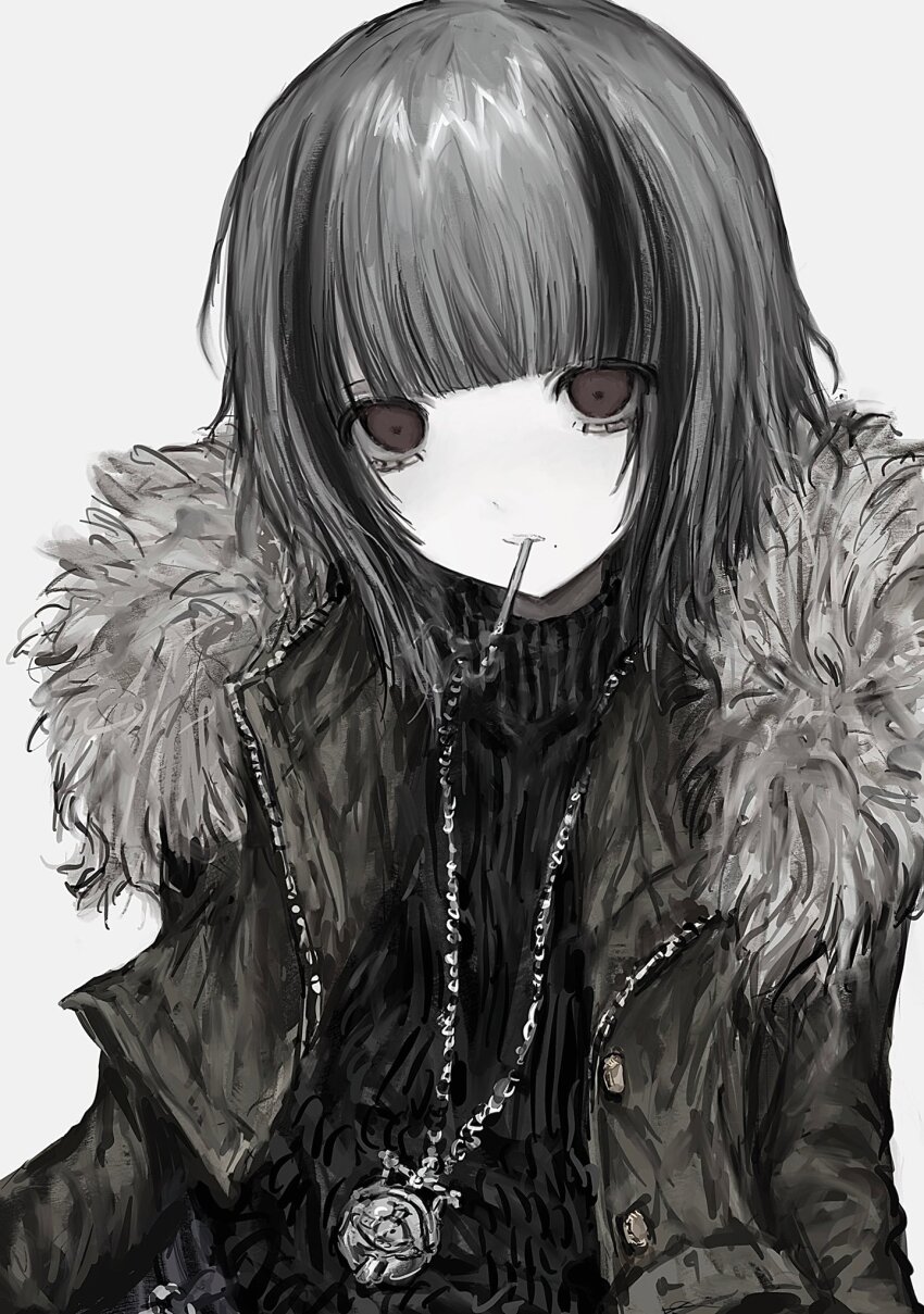 1girl aegyo_sal blunt_bangs brown_eyes chan8016 fur-trimmed_jacket fur_trim goth_fashion grey_hair highres jacket jewelry mole mole_under_mouth necklace original pale_skin solo sweater turtleneck turtleneck_sweater