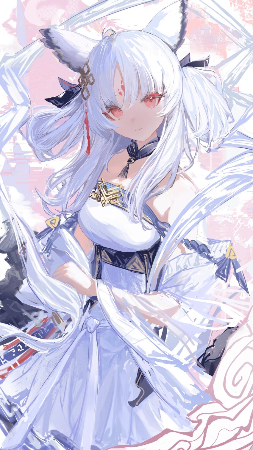 1girl arknights bare_shoulders black_ribbon closed_mouth cowboy_shot dress facial_mark forehead_mark hagoromo hair_ornament hair_ribbon hashtag-only_commentary highres laoshi_wo_hao_e long_hair looking_at_viewer official_alternate_costume pink_eyes ptilopsis_(amongst_the_clouds)_(arknights) ptilopsis_(arknights) red_ribbon ribbon shawl sketch smile solo white_dress white_hair white_shawl