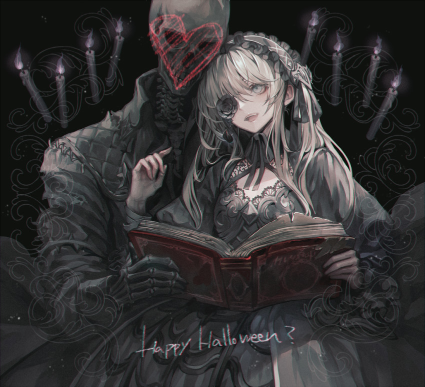 black_background black_dress book candle dress flower flower_over_eye gothic_lolita grey_eyes grey_hair holding holding_book lolita_fashion original senano-yu skeleton