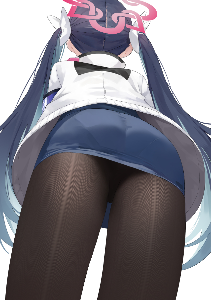 1girl absurdres armband black_hair blue_archive blue_skirt bow brown_pantyhose commentary_request facing_away from_behind from_below fubuki_(blue_archive) hair_bow halo highres jacket lisu long_hair panties panties_under_pantyhose pantyhose pencil_skirt simple_background skirt solo standing twintails underwear upskirt very_long_hair white_background white_bow white_jacket