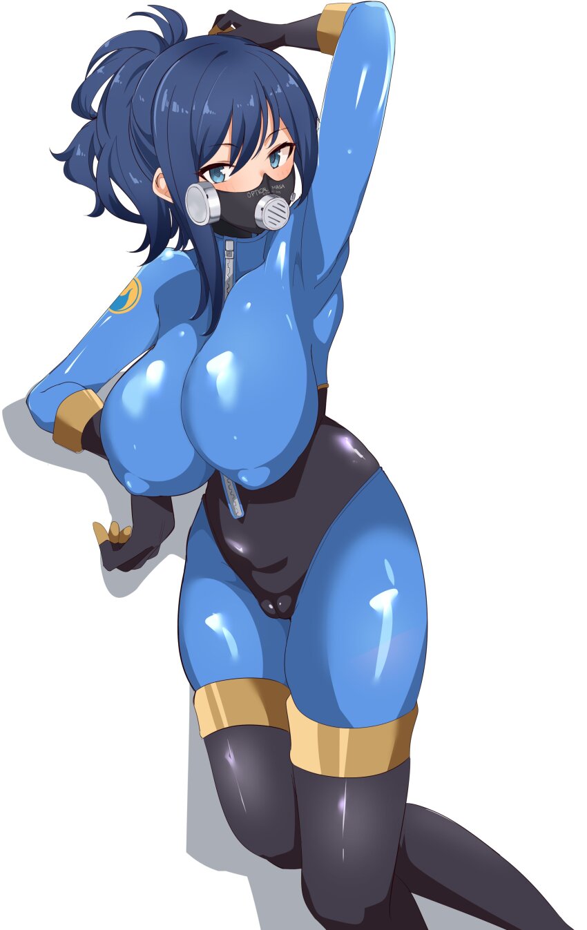 1girl absurdres arm_behind_head black_footwear black_gloves blu_pyro_(tf2) blue_bodysuit blue_eyes blue_hair bodysuit boots breasts cameltoe commission covered_erect_nipples gas_mask genderswap genderswap_(otf) gloves highres impossible_bodysuit impossible_clothes large_breasts long_hair looking_at_viewer mask ponytail pyro_(tf2) second-party_source seihekiog shadow simple_background solo team_fortress_2 thigh_boots white_background zipper zipper_pull_tab