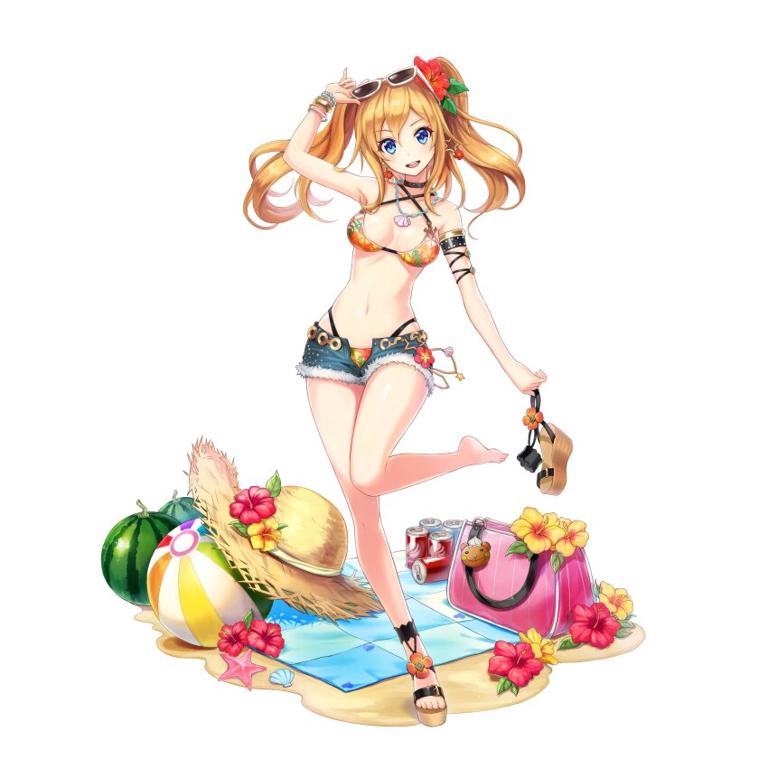 1girl :d arm_up ball beachball bikini blonde_hair blue_eyes denim denim_shorts dolls_order double-parted_bangs eyewear_on_head floral_print flower full_body gaheris_(dolls_order) hibiscus highres holding holding_sandals looking_at_viewer navel no_socks official_alternate_costume official_art open_mouth orange_bikini outdoors platform_footwear sandals second-party_source shorts simple_background smile solo standing standing_on_one_leg sunglasses swimsuit teeth thighs two_side_up upper_teeth_only white_background