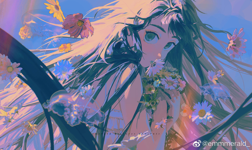 1girl bare_shoulders black_hair dress emmmerald floating flower highres jellyfish long_hair looking_at_viewer original solo sundress sunflower watermark weibo_watermark