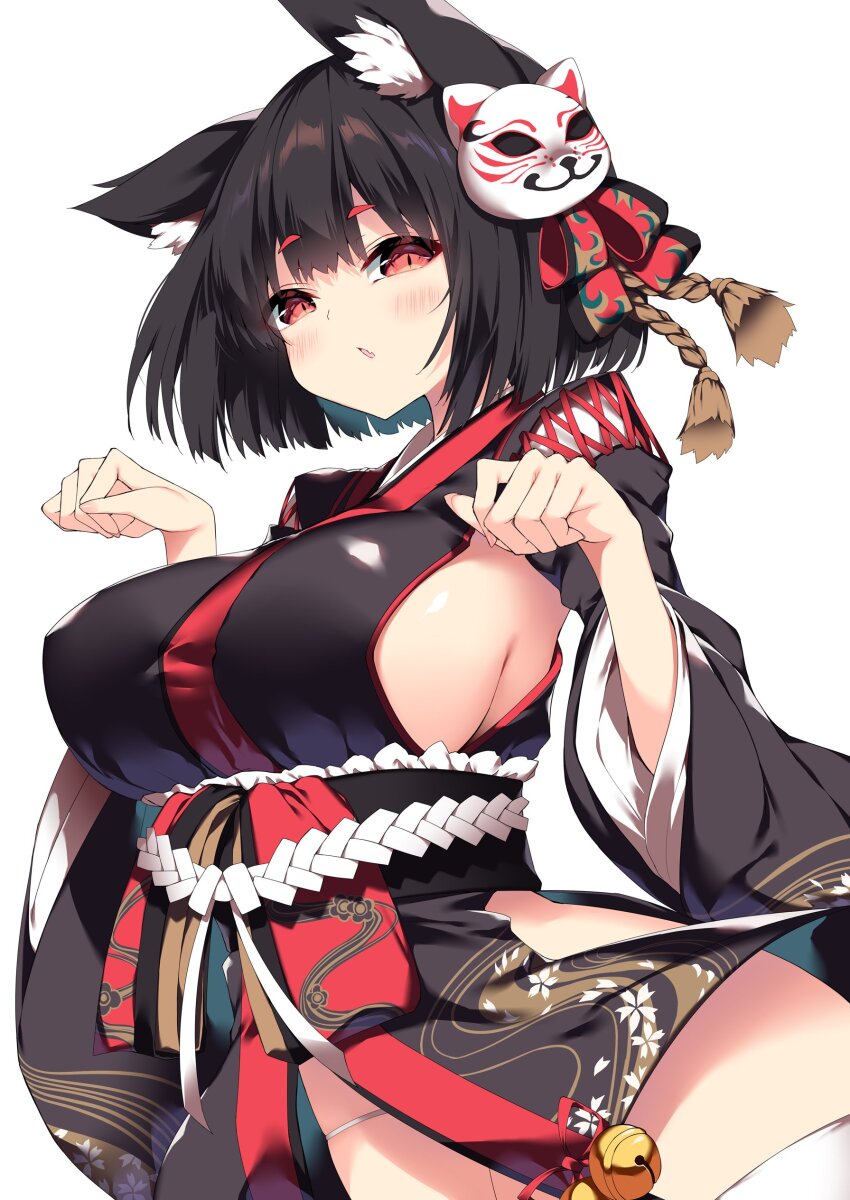 1girl absurdres animal_ear_fluff animal_ears azur_lane bell black_hair black_kimono blush breasts cat_ears cat_mask clenched_hands commentary fang floral_print highres japanese_clothes jingle_bell kimono large_breasts mask mask_on_head open_mouth red_eyes sakurame short_hair short_kimono sideboob simple_background skin_fang solo thighhighs white_background white_thighhighs yamashiro_(azur_lane)