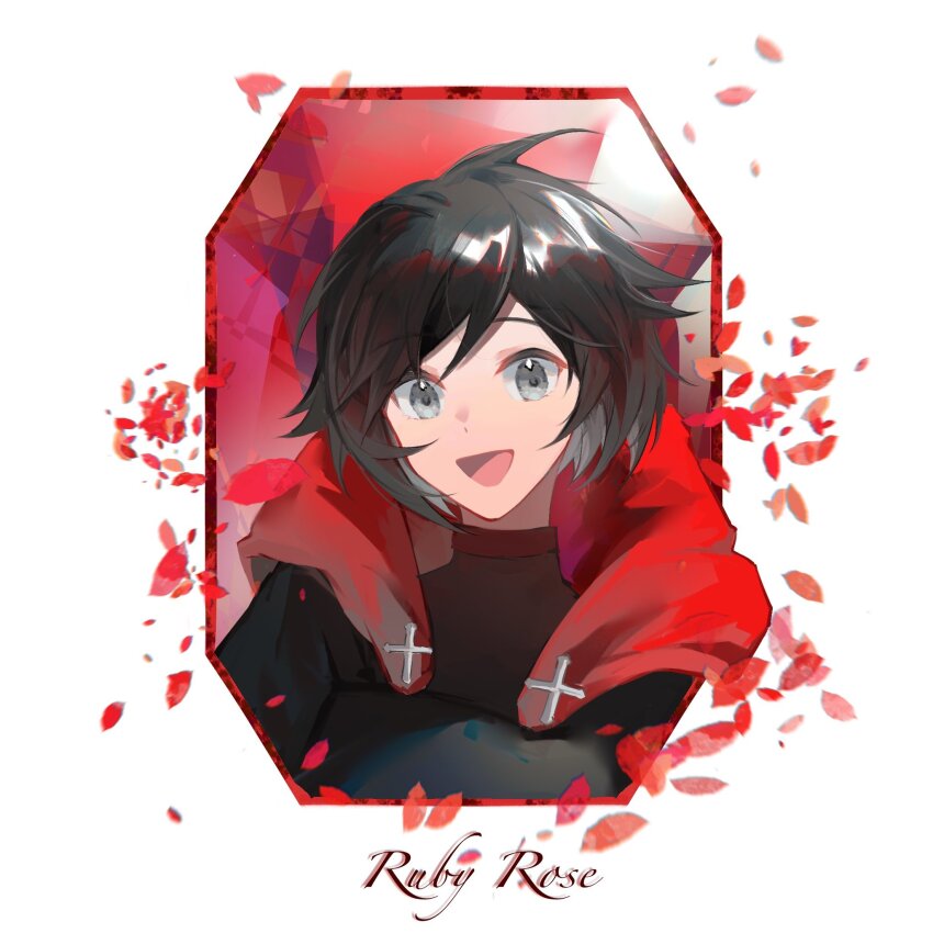 1girl black_dress character_name cross_ornament dress gem grey_eyes highres messy_hair open_mouth petals red_background red_gemstone red_hood rose_petals ruby_rose rwby white_background youliqy