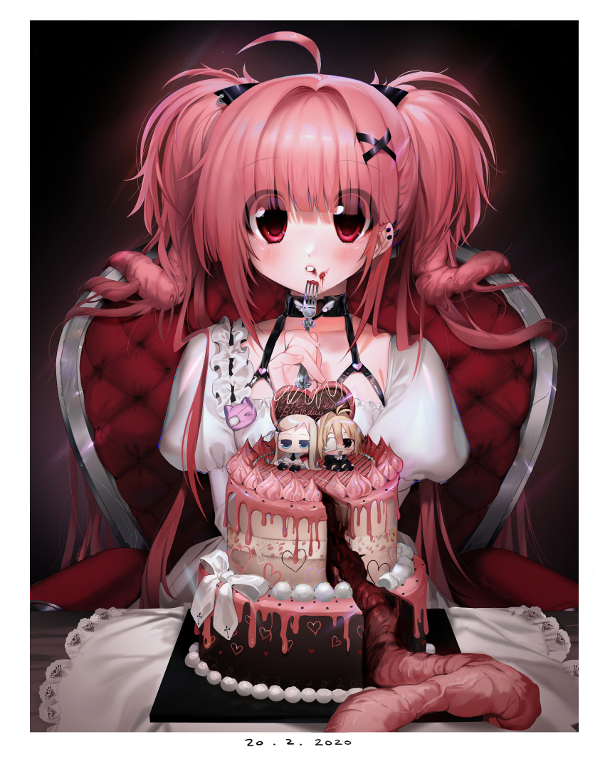 1other ahoge bad_id bad_twitter_id black_background blunt_bangs bow cake chair chibi closed_mouth dress ear_piercing eyepatch food guro hair_ornament hairclip helena_(unxi) highres intestine_hair juliet_sleeves lilith_(unxi) lilith_cat_(unxi) lolita_fashion long_sleeves looking_at_viewer original piercing pink_hair puffy_sleeves red_eyes sitting twintails two_side_up unxi veinte x_hair_ornament