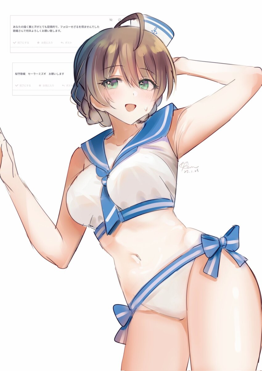 1girl :d ahoge bare_legs between_breasts bikini bow bow_bikini bowtie breasts brown_hair green_eyes hat idolmaster idolmaster_million_live! idolmaster_million_live!_theater_days kevn large_breasts looking_at_viewer navel open_mouth request_inset sailor_bikini sailor_collar sailor_hat sailor_swimsuit_(idolmaster) sakuramori_kaori short_hair smile sweatdrop